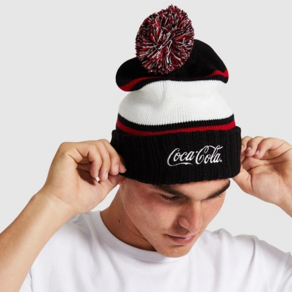American Needle Coca Cola Pom Pom Beanie Pillow Line Black Ivory Red New Tag NEW
